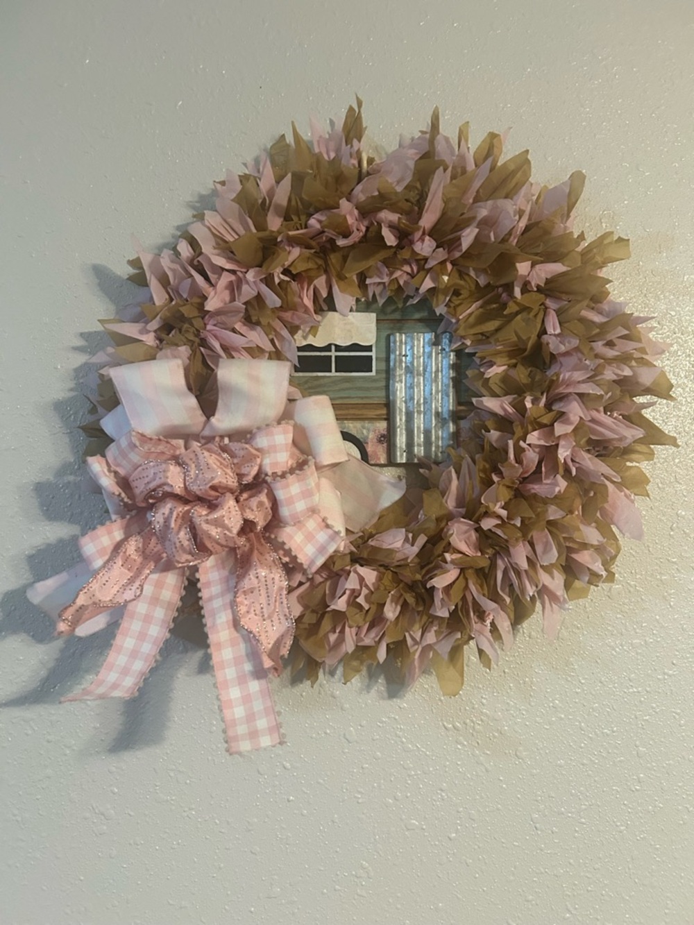 Handmade Pink and Tan Holiday Wreath with Ribbon Bow w/Camper sign